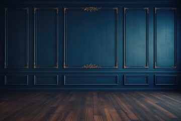 A mock up of a navy blue classic wall with dark brown parquet. Antique wood panels style, wainscot, golden ornaments. Elegant interior. Empty room. Indigo blue wall background.