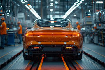 The rear view of a shiny, orange sports car exiting the automated production line in a car factory