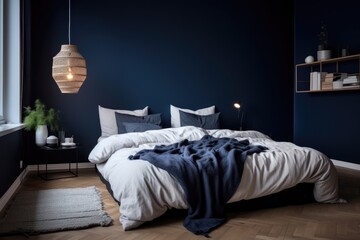 Blue bedroom interior mock up. Indigo blue wall with double bed and some furniture