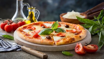 Pizza, a beloved Italian dish, features a thin crust topped with tomato sauce, cheese, and various toppings, creating a delectable and versatile culinary delight. AI generation.