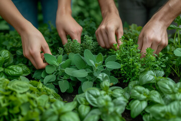 Naklejka na ściany i meble Focused hands work in unison to nurture an array of aromatic herbs, highlighting the personal touch in sustainable horticulture