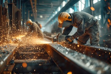 Industrial Metal Workers Precision Grinding on Metalwork Construction Site - obrazy, fototapety, plakaty