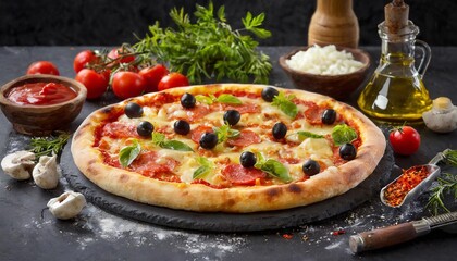 Pizza, a beloved Italian dish, features a thin crust topped with tomato sauce, cheese, and various toppings, creating a delectable and versatile culinary delight. AI generation.