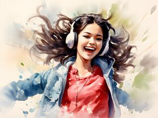 Watercolor illustration of a happy asian girl with headphones 