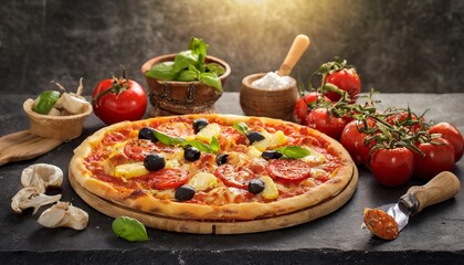 Pizza, a beloved Italian dish, features a thin crust topped with tomato sauce, cheese, and various toppings, creating a delectable and versatile culinary delight. AI generation.