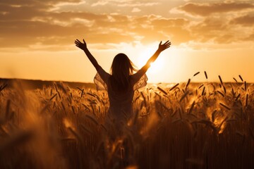 silhouette with a girl with his arms outstretched towards the sun in the sunset landscape in a wheat field