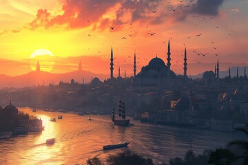 Naklejka premium Sunset Over the Golden Horn and Bosphorus with Istanbul Skyline