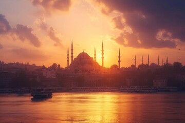 Sunset Over the Golden Horn and Bosphorus with Istanbul Skyline - obrazy, fototapety, plakaty