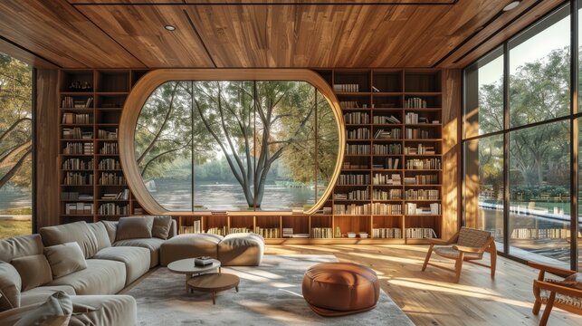 Inviting scenic interior home office library study with window views of trees with water lake scenery. Bookshelf in contemporary decorated room. Online zoom presentation meeting room background.