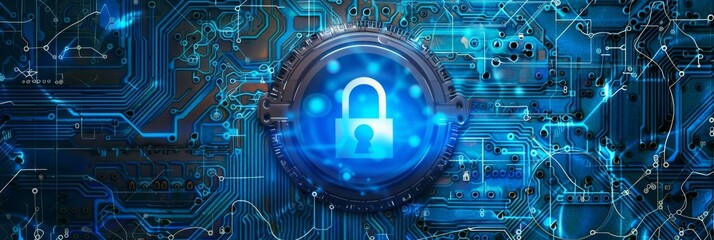 Cybersecurity Data Protection - High-tech image of a digital padlock on a motherboard, symbolizing data security and cyber protection strategies