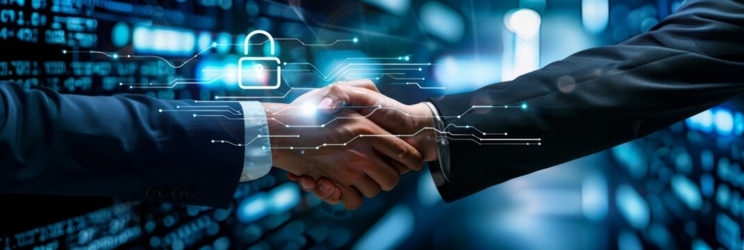 Corporate Cybersecurity Handshake - Business partners shaking hands with cyber security icons, depicting secure agreements and digital trust
