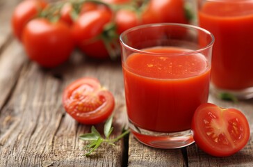 Fresh tomato juice on rustic table