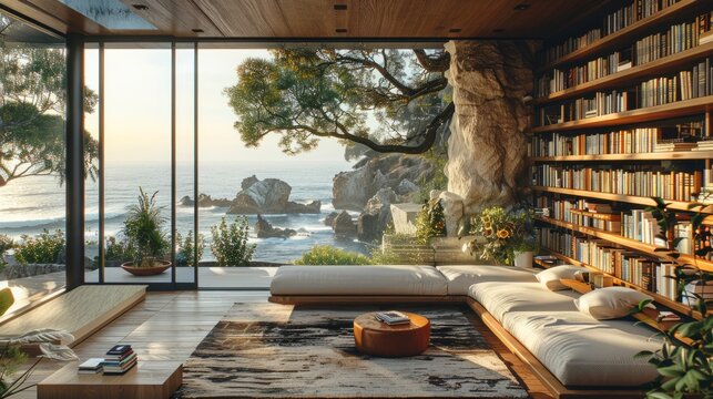 ocean bookshelf background retirement home office study library with window interior of trees and beach backdrop. Bookshelves in contemporary room. Online virtual presentation video calls meeting room