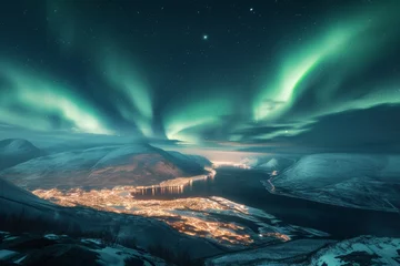Papier Peint photo autocollant Aurores boréales Majestic Northern Lights (Aurora Borealis) Over Tromso Cityscape in Winter