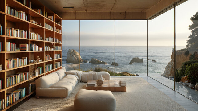 ocean bookshelf background of interior retirement home office library study with window views of trees with beach scenery bookshelves backdrop. Online virtual presentation meeting room background