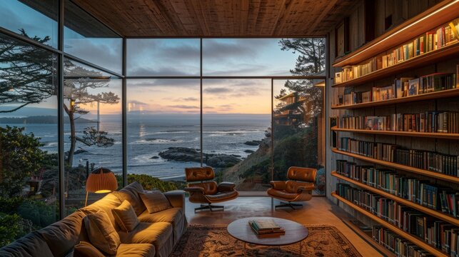 ocean bookshelf background of interior retirement home office library study window in sunrise or sunset of trees and beach. Bookshelves in room backdrop. Online virtual presentation teams meeting room