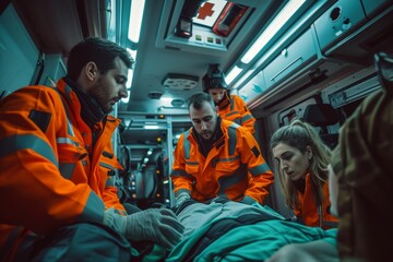 Paramedic Team Working Inside an Ambulance with Patient in Background