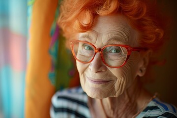 Joyful Senior Woman with Glasses and Red Hair Smiling in Warmly Lit Interior
