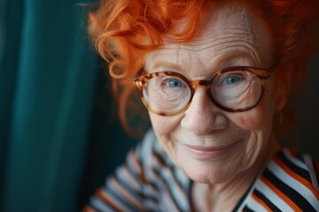 Joyful Senior Woman with Glasses and Red Hair Smiling in Warmly Lit Interior