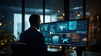 An analyst harnesses computer technology in a Business Analytics and Data Management setting to formulate reports filled with Key Performance Indicators and database-associated metrics