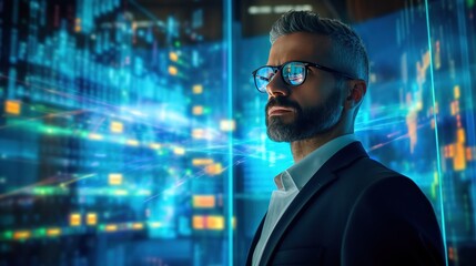 A specialist in business analytics and data management uses a computer to compile reports with KPIs and metrics from a database, aiming to outline strategic directions for the finance