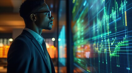 A specialist engages with a computer system for Business Analytics and Data Management to create a report that includes Key Performance Indicators and metrics linked to a database