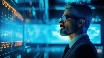 An analyst utilizes a computer within a Business Analytics and Data Management System framework to compile a report using KPIs and metrics sourced from a database.