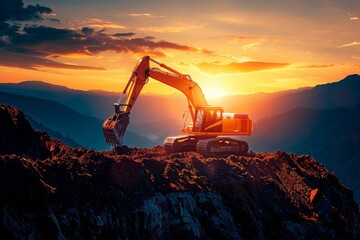 A Powerful Excavator Stands Among Pine Trees, Shaping the Land as the Day Comes to an End, Generative AI