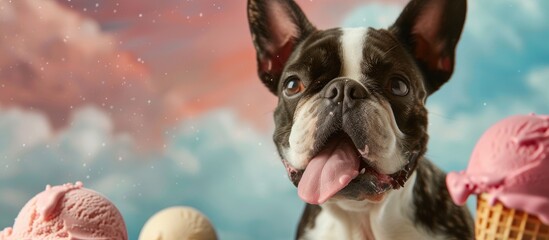 A black and white dog joyfully sticks out its tongue while standing next to a variety of colorful ice cream cones. The dog seems to be eagerly eyeing the delightful treats, ready to enjoy a cool and