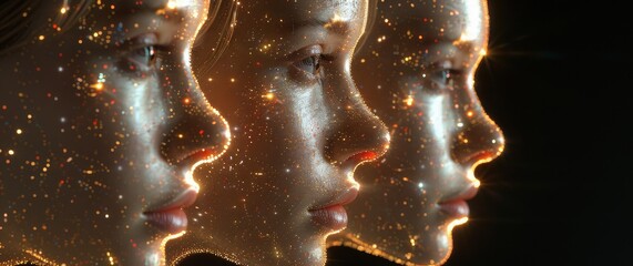 A Triptych of Digital Human Profiles Radiating with Ethereal Light and Cosmic Particles, Blurring the Lines Between Technology and Humanity, Generative AI