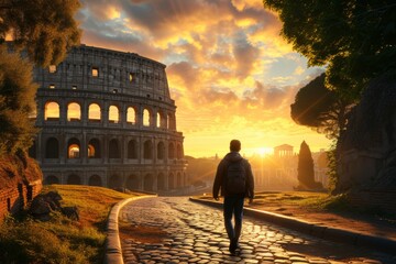 Man Walking Towards the Colosseum at Sunrise in Rome, Italy