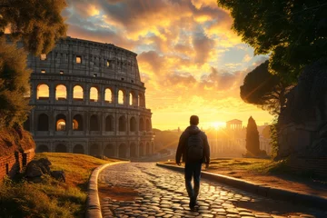 Selbstklebende Fototapeten Man Walking Towards the Colosseum at Sunrise in Rome, Italy © bomoge.pl