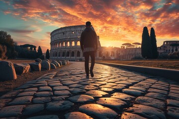 Man Walking Towards the Colosseum at Sunrise in Rome, Italy