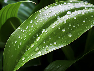 Close up of peace lily plant leaves with water drops 
