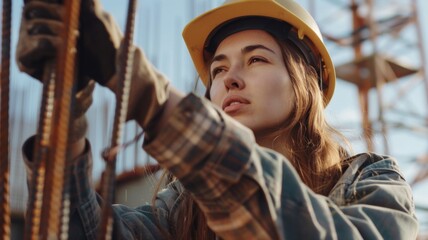 Confident Woman Adjusting Construction - A young engineer in a hard hat adjusting scaffolding at a construction site, representing women's empowerment in engineering