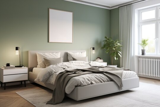 Mock up of a minimalist scandinavian style bedroom with sage green wall background and empty postrer