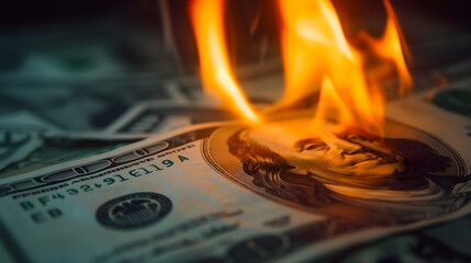 Des billets de cent dollars américains en train de brûler. Concept de l'inflation.
