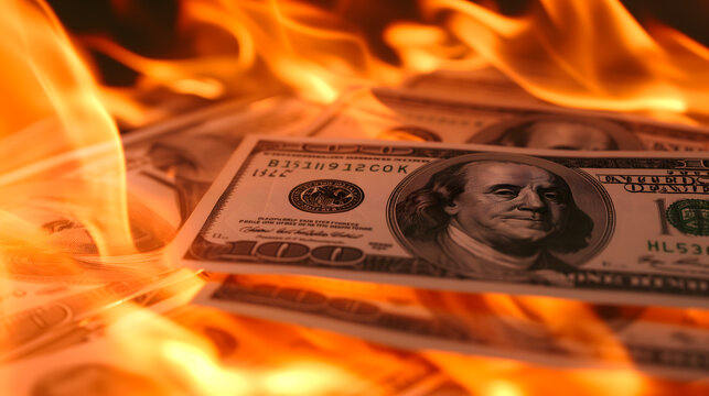Le concept de l'inflation avec des billets de cent dollars am&eacute;ricains en train de br&ucirc;ler.