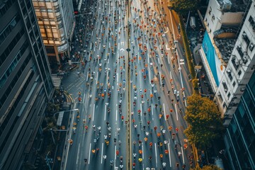 Aerial View of a City Marathon with Runners on the Street and a Leader at the Front