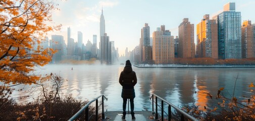 Fototapeta na wymiar Person Standing on Dock Overlooking City. Generative AI