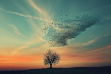 Twilight Sky with Starling Murmuration Forming a Speech Bubble Over Silhouetted Tree