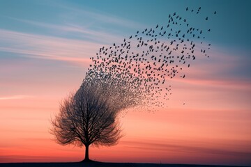 Twilight Sky with Starling Murmuration Forming a Speech Bubble Over Silhouetted Tree - obrazy, fototapety, plakaty
