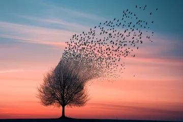 Tuinposter Twilight Sky with Starling Murmuration Forming a Speech Bubble Over Silhouetted Tree © bomoge.pl