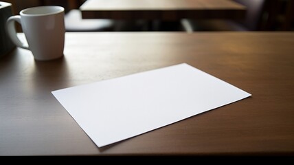 Empty white sheet of paper on a wooden dining table with a coffee cup
