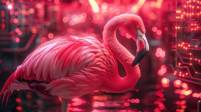 The graceful movement of a flamingo in a digital world filled with neon lights and circuitry
