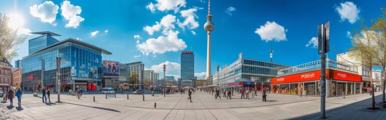 Panoramic View of Berlin Alexanderplatz with Fernsehturm TV Tower and Park Inn Hotel on a Bright Spring Day - obrazy, fototapety, plakaty