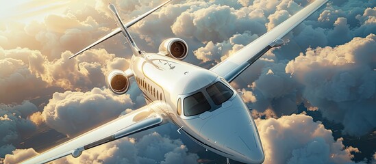 A white modern private jet flies high above the clouds, showcasing its luxury design and catering...