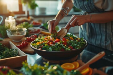 Woman Preparing a Healthy Superfood Salad with Fresh Vegetables in a Bright Kitchen