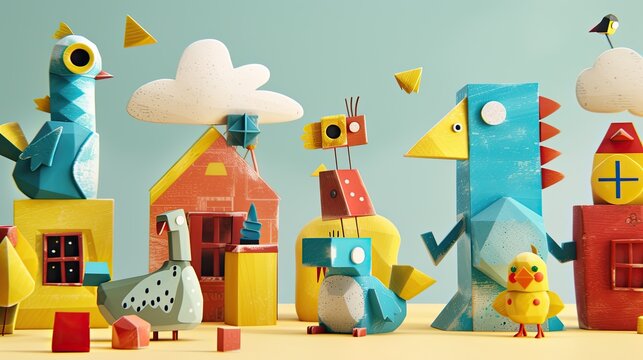 A childrens book illustrated with characters and settings made entirely of simple geometric shapes teaching basic math concepts through stories