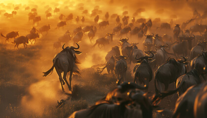 Huge Wildebeest animals herd running crossing African dusty savanna. Call of Nature - the Great Mammal 's Migration. Beauty in Nature, power of wild animals and Eco concept image. - obrazy, fototapety, plakaty